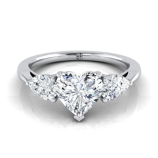 14K White Gold Heart Shape Center Diamond Perfectly Matched Pear Shaped Three Diamond Engagement Ring -7/8ctw