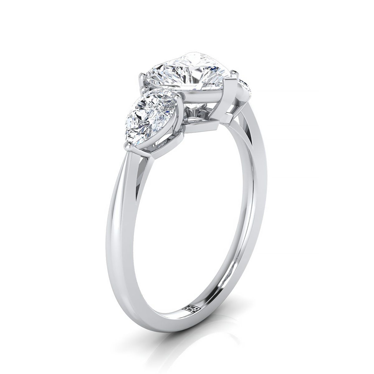 Platinum Heart Shape Center Diamond Perfectly Matched Pear Shaped Three Diamond Engagement Ring -7/8ctw