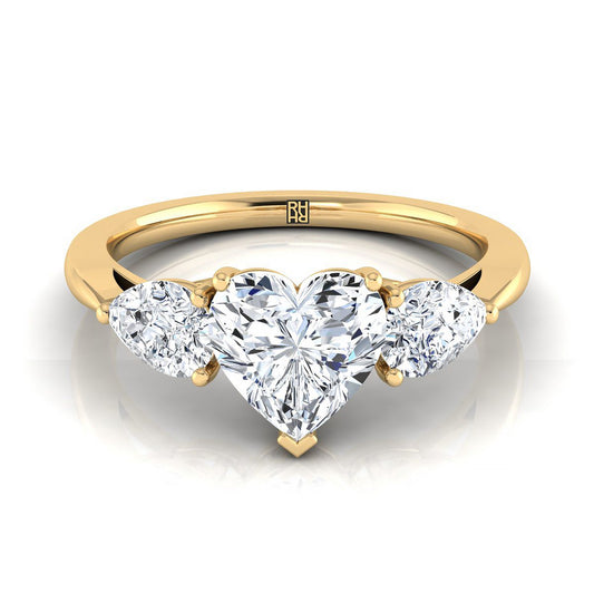18K Yellow Gold Heart Shape Center Diamond Perfectly Matched Pear Shaped Three Diamond Engagement Ring -7/8ctw