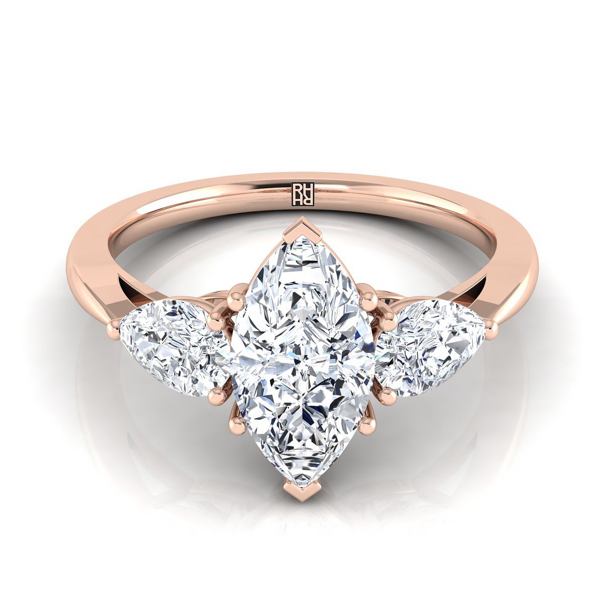 14K Rose Gold Marquise  Diamond Perfectly Matched Pear Shaped Three Diamond Engagement Ring -7/8ctw