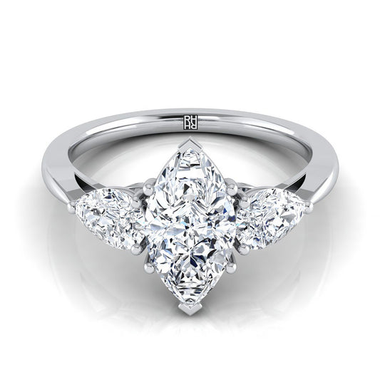 18K White Gold Marquise  Diamond Perfectly Matched Pear Shaped Three Diamond Engagement Ring -7/8ctw