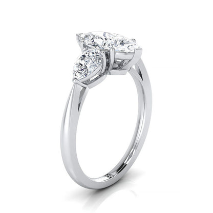 18K White Gold Marquise  Diamond Perfectly Matched Pear Shaped Three Diamond Engagement Ring -7/8ctw