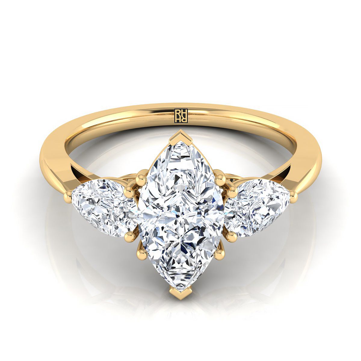 18K Yellow Gold Marquise  Diamond Perfectly Matched Pear Shaped Three Diamond Engagement Ring -7/8ctw