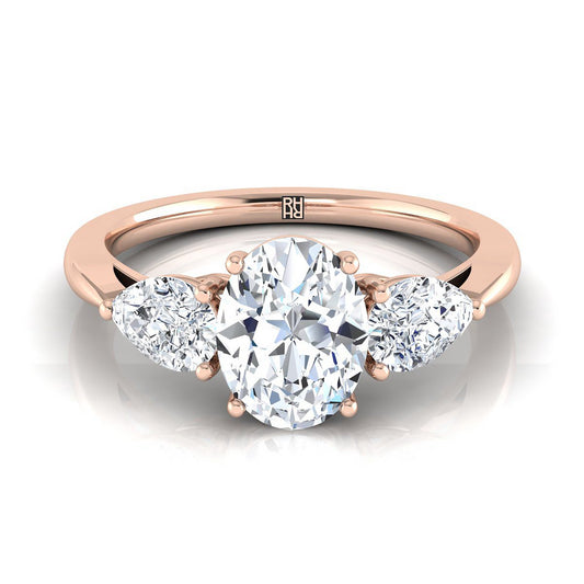 14K Rose Gold Oval Diamond Perfectly Matched Pear Shaped Three Diamond Engagement Ring -7/8ctw