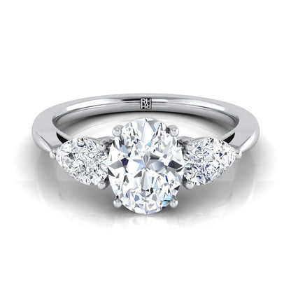 18K White Gold Oval Diamond Perfectly Matched Pear Shaped Three Diamond Engagement Ring -7/8ctw