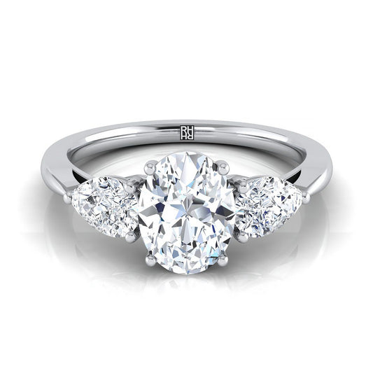 14K White Gold Oval Diamond Perfectly Matched Pear Shaped Three Diamond Engagement Ring -7/8ctw