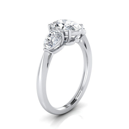 Platinum Oval Aquamarine Perfectly Matched Pear Shaped Three Diamond Engagement Ring -7/8ctw
