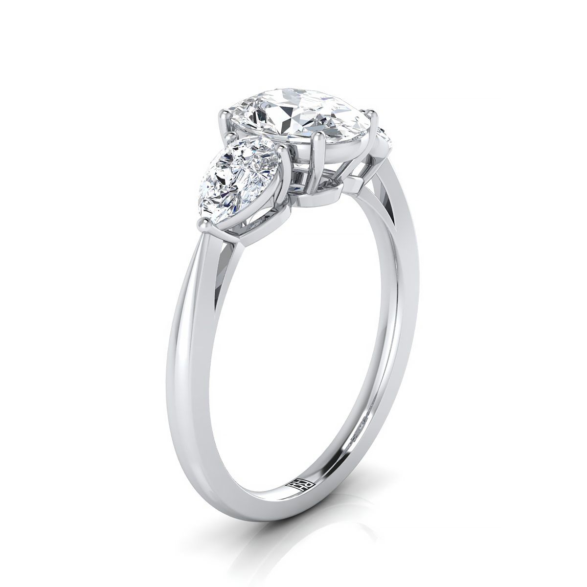 Platinum Oval Diamond Perfectly Matched Pear Shaped Three Diamond Engagement Ring -7/8ctw