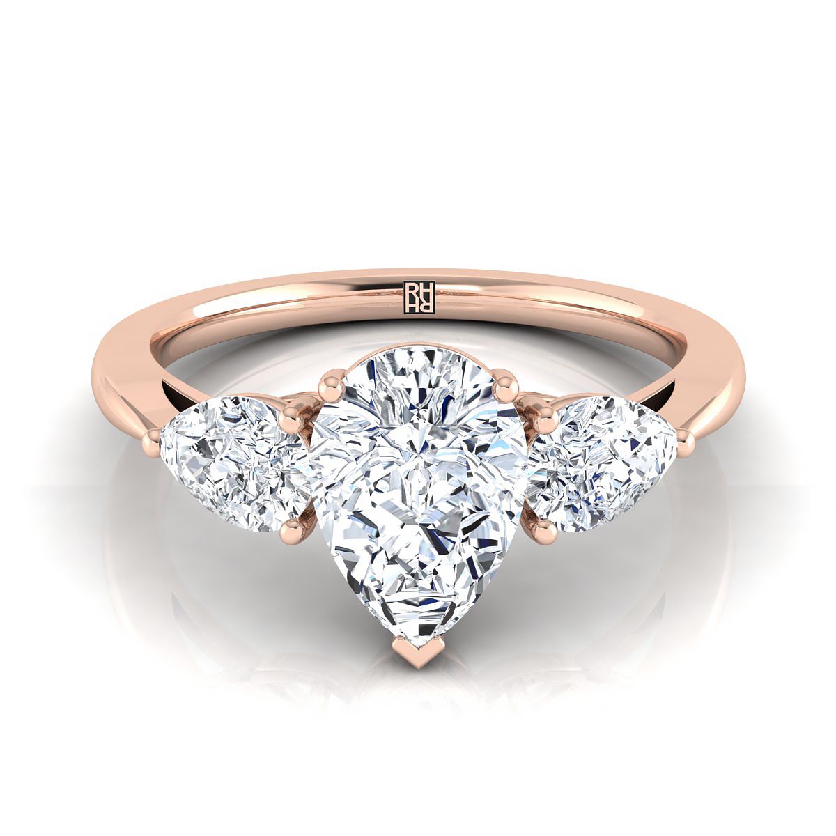 14K Rose Gold Pear Shape Center Diamond Perfectly Matched Pear Shaped Three Diamond Engagement Ring -7/8ctw