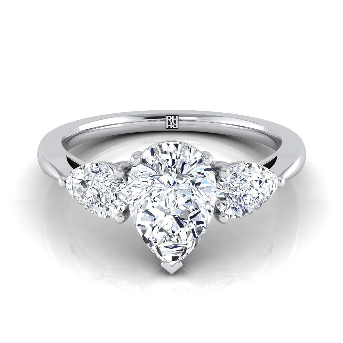 Platinum Pear Shape Center Diamond Perfectly Matched Pear Shaped Three Diamond Engagement Ring -7/8ctw
