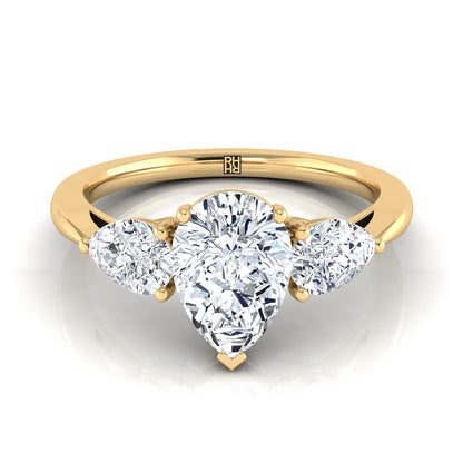 18K Yellow Gold Pear Shape Center Diamond Perfectly Matched Pear Shaped Three Diamond Engagement Ring -7/8ctw