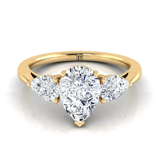 14K Yellow Gold Pear Shape Center Diamond Perfectly Matched Pear Shaped Three Diamond Engagement Ring -7/8ctw