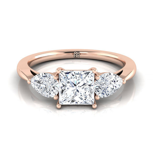 14K Rose Gold Princess Cut Diamond Perfectly Matched Pear Shaped Three Diamond Engagement Ring -7/8ctw
