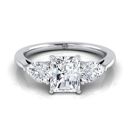 18K White Gold Radiant Cut Center Diamond Perfectly Matched Pear Shaped Three Diamond Engagement Ring -7/8ctw