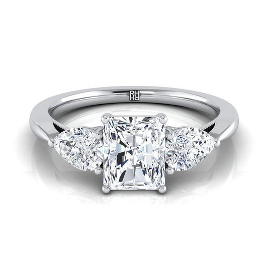 18K White Gold Radiant Cut Center Diamond Perfectly Matched Pear Shaped Three Diamond Engagement Ring -7/8ctw