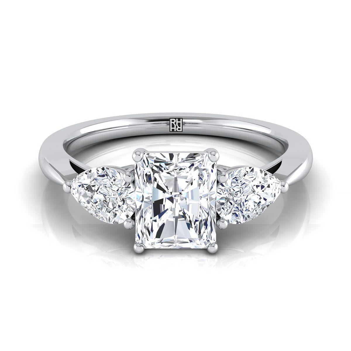 14K White Gold Radiant Cut Center Diamond Perfectly Matched Pear Shaped Three Diamond Engagement Ring -7/8ctw