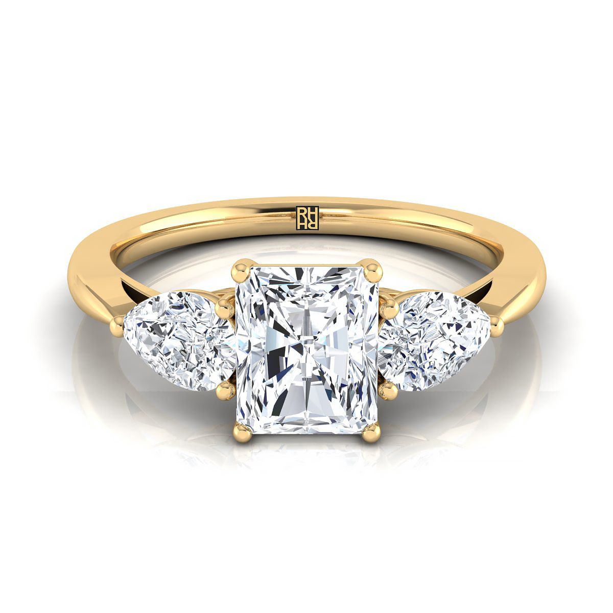 18K Yellow Gold Radiant Cut Center Diamond Perfectly Matched Pear Shaped Three Diamond Engagement Ring -7/8ctw