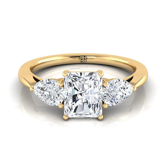 18K Yellow Gold Radiant Cut Center Diamond Perfectly Matched Pear Shaped Three Diamond Engagement Ring -7/8ctw
