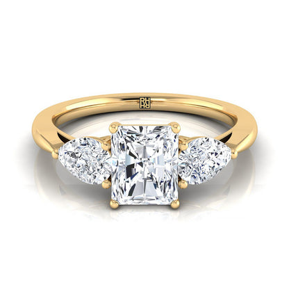 14K Yellow Gold Radiant Cut Center Diamond Perfectly Matched Pear Shaped Three Diamond Engagement Ring -7/8ctw