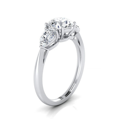 18K White Gold Round Brilliant Aquamarine Perfectly Matched Pear Shaped Three Diamond Engagement Ring -7/8ctw