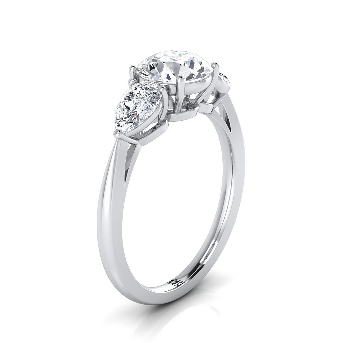 18K White Gold Round Brilliant Diamond Perfectly Matched Pear Shaped Three Diamond Engagement Ring -7/8ctw