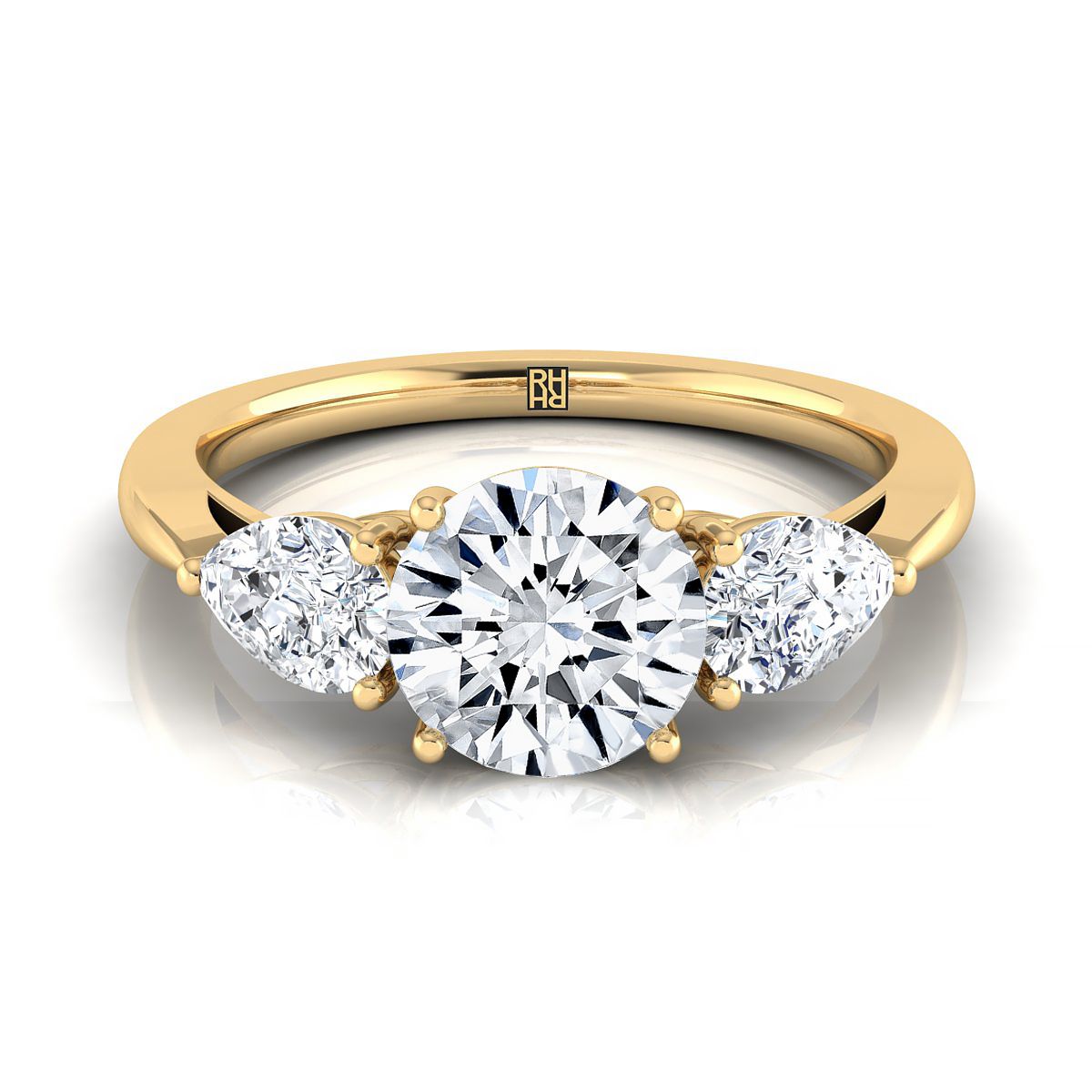 14K Yellow Gold Round Brilliant Diamond Perfectly Matched Pear Shaped Three Diamond Engagement Ring -7/8ctw