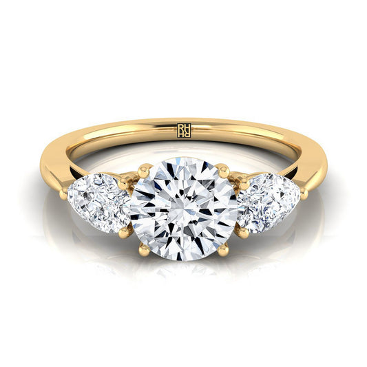 18K Yellow Gold Round Brilliant Diamond Perfectly Matched Pear Shaped Three Diamond Engagement Ring -7/8ctw