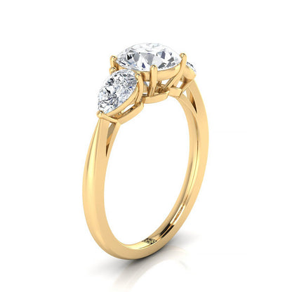 18K Yellow Gold Round Brilliant Aquamarine Perfectly Matched Pear Shaped Three Diamond Engagement Ring -7/8ctw