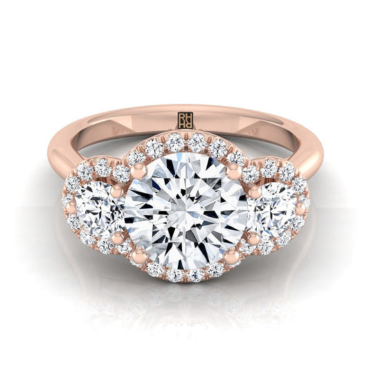 14K Rose Gold Round Brilliant Diamond French Pave Diamond Three Stone Engagement Ring -1/2ctw