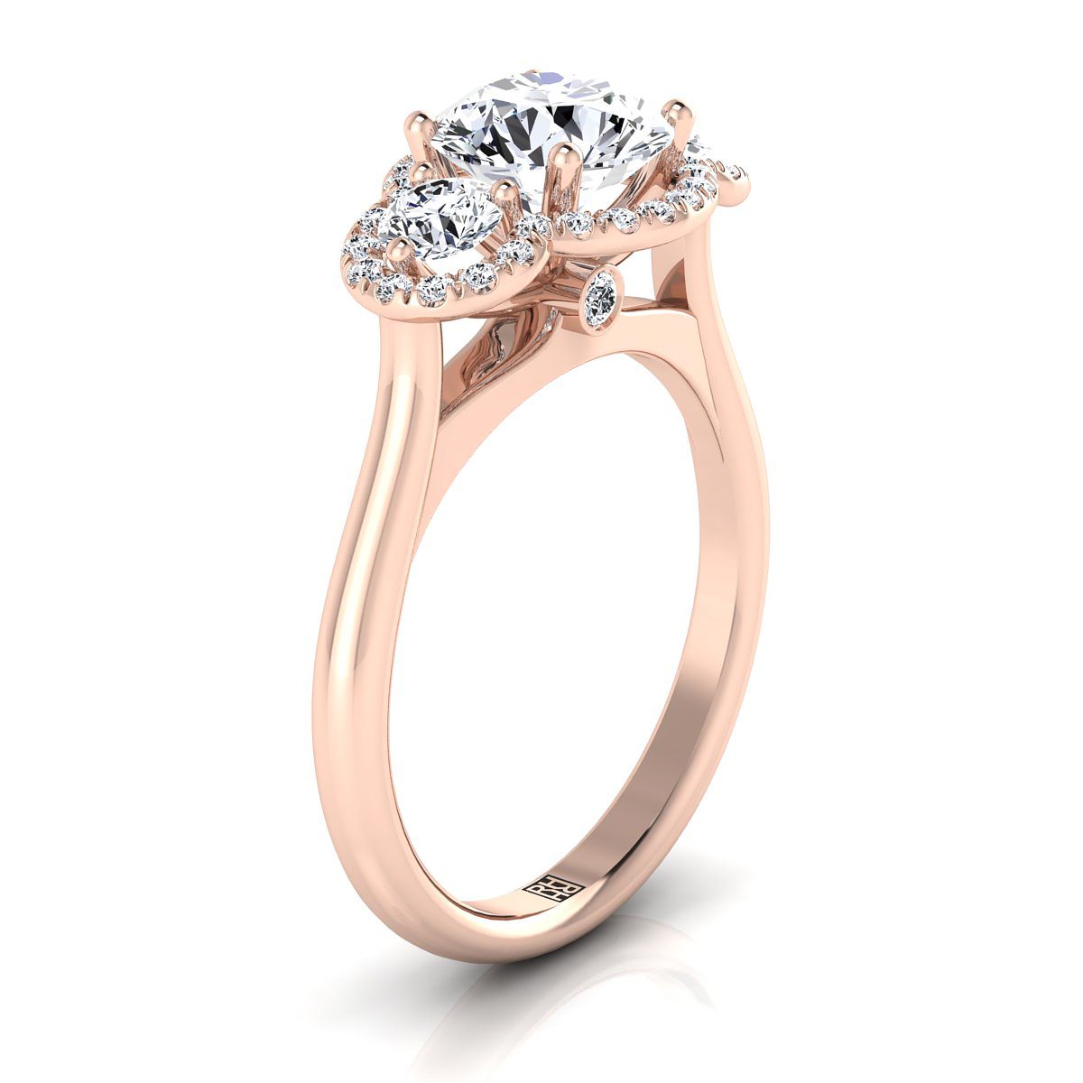 14K Rose Gold Round Brilliant Pink Sapphire French Pave Diamond Three Stone Engagement Ring -1/2ctw