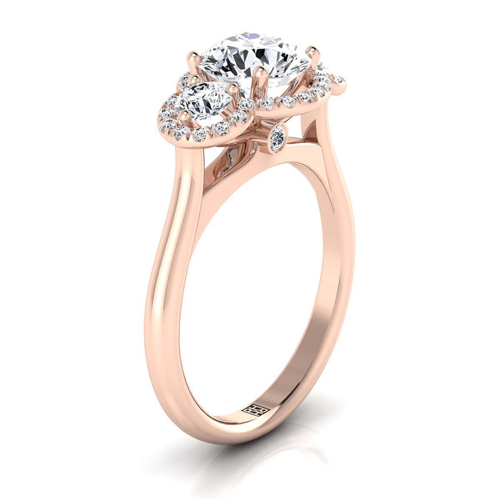 14K Rose Gold Round Brilliant Ruby French Pave Diamond Three Stone Engagement Ring -1/2ctw
