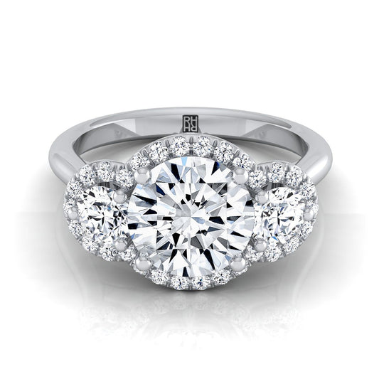 14K White Gold Round Brilliant Diamond French Pave Diamond Three Stone Engagement Ring -1/2ctw