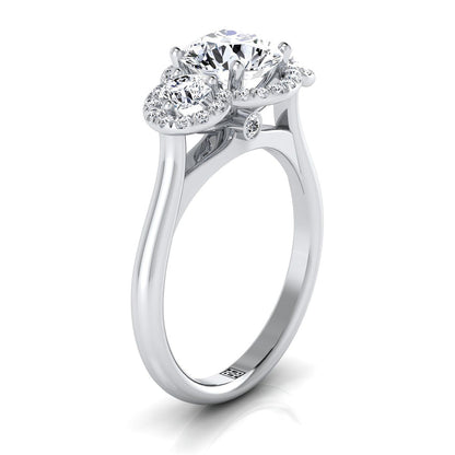 18K White Gold Round Brilliant Pink Sapphire French Pave Diamond Three Stone Engagement Ring -1/2ctw