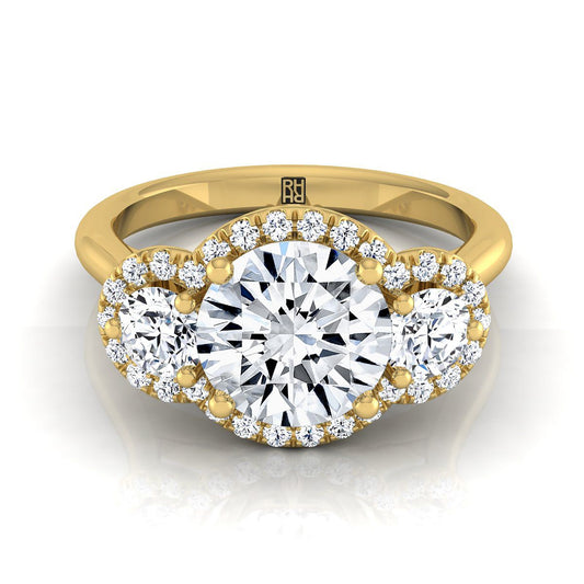 18K Yellow Gold Round Brilliant Diamond French Pave Diamond Three Stone Engagement Ring -1/2ctw