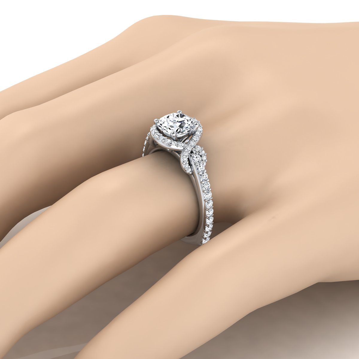 14K White Gold Round Brilliant Diamond French Pave Graceful Love Knot Engagement Ring -5/8ctw