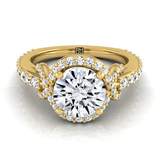 14K Yellow Gold Round Brilliant Diamond French Pave Graceful Love Knot Engagement Ring -5/8ctw