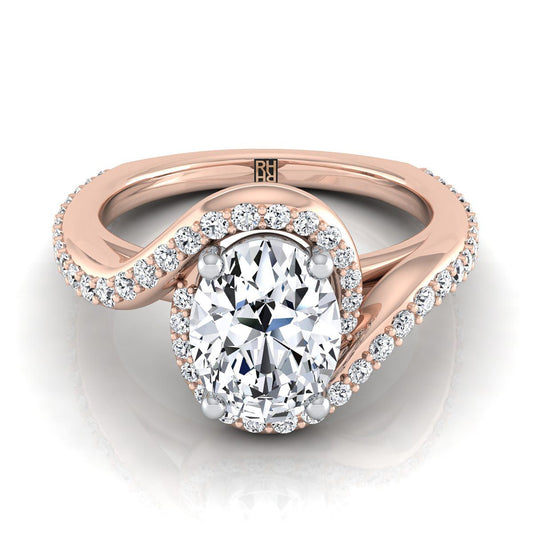 14K Rose Gold Oval Diamond Pave Halo Twist Swirl Engagement Ring -1/2ctw