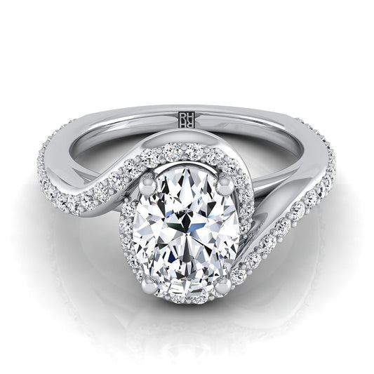 18K White Gold Oval Diamond Pave Halo Twist Swirl Engagement Ring -1/2ctw