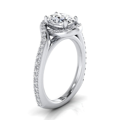 18K White Gold Oval Diamond Pave Halo Twist Swirl Engagement Ring -1/2ctw