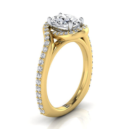 18K Yellow Gold Oval Diamond Pave Halo Twist Swirl Engagement Ring -1/2ctw