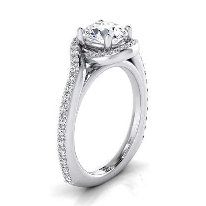18K White Gold Round Brilliant Diamond Pave Halo Twist Swirl Engagement Ring -1/2ctw