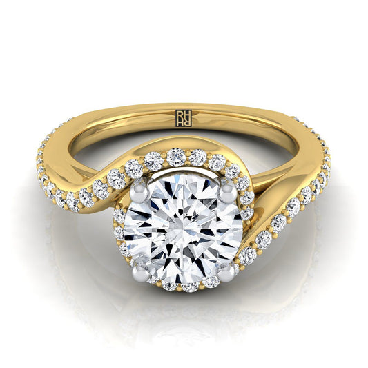 18K Yellow Gold Round Brilliant Diamond Pave Halo Twist Swirl Engagement Ring -1/2ctw