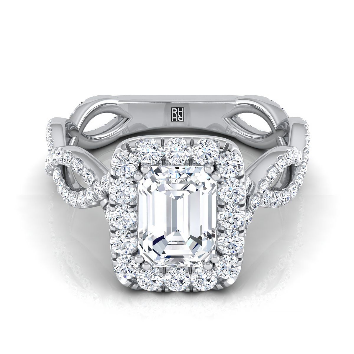 18K White Gold Emerald Cut Diamond Ribbon Twist French Pave Halo Engagement Ring -3/4ctw