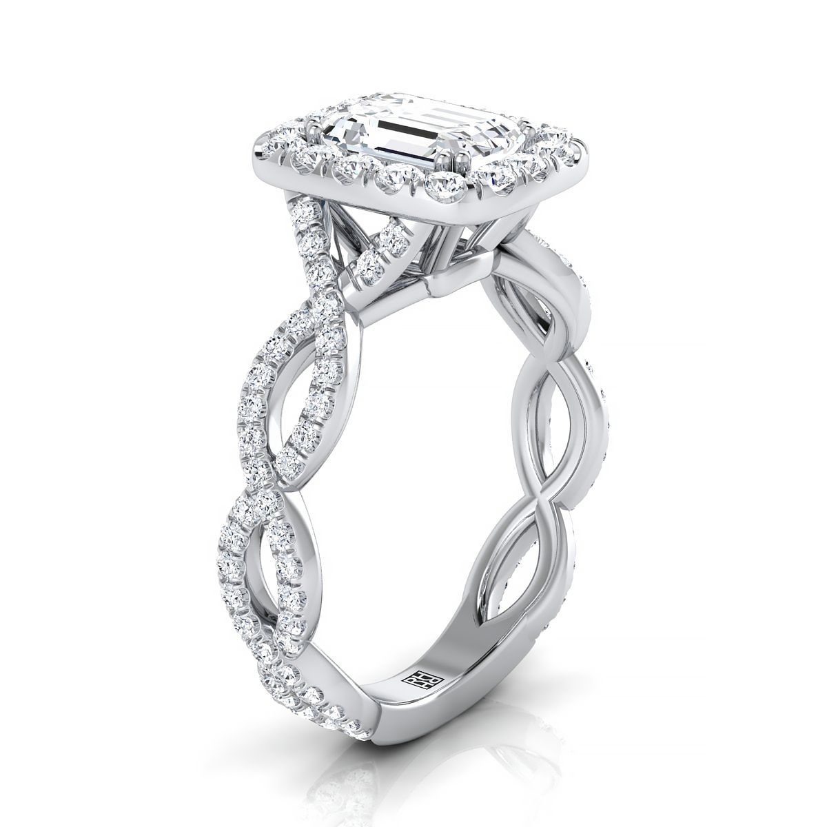 Platinum Emerald Cut Diamond Ribbon Twist French Pave Halo Engagement Ring -3/4ctw