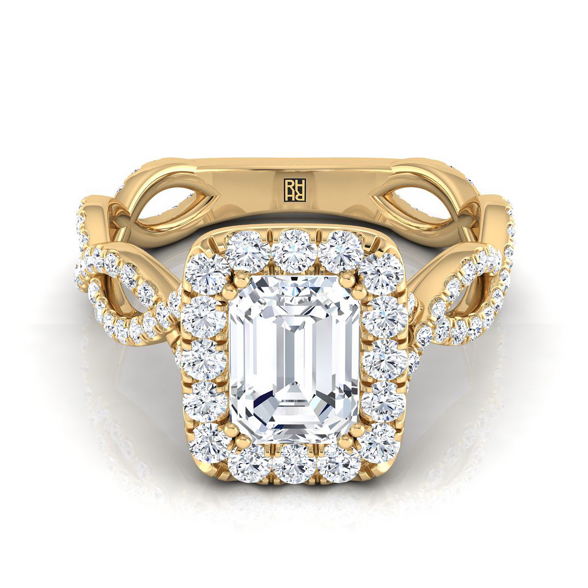 18K Yellow Gold Emerald Cut Diamond Ribbon Twist French Pave Halo Engagement Ring -3/4ctw
