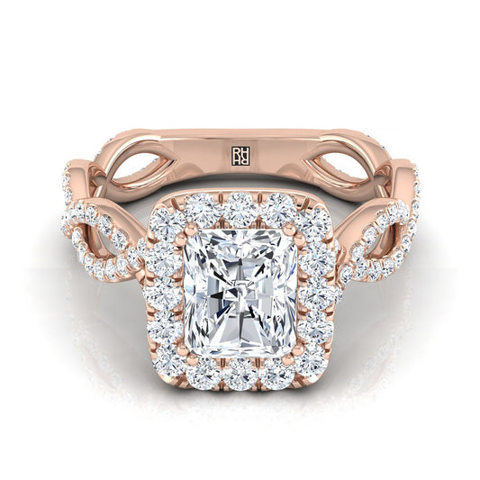 14K Rose Gold Radiant Cut Center Diamond Ribbon Twist French Pave Halo Engagement Ring -3/4ctw