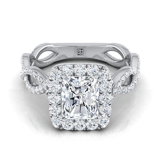 18K White Gold Radiant Cut Center Diamond Ribbon Twist French Pave Halo Engagement Ring -3/4ctw