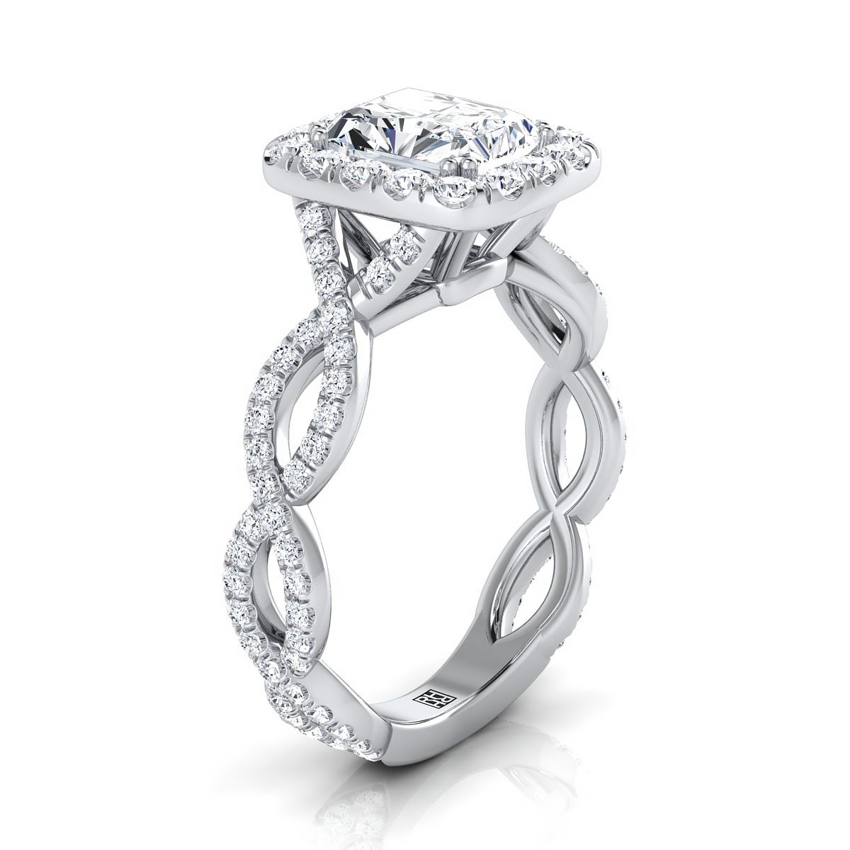 18K White Gold Radiant Cut Center Diamond Ribbon Twist French Pave Halo Engagement Ring -3/4ctw