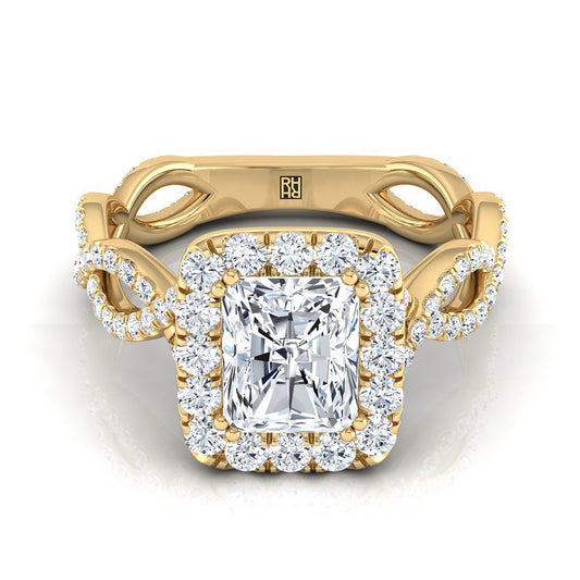 18K Yellow Gold Radiant Cut Center Diamond Ribbon Twist French Pave Halo Engagement Ring -3/4ctw