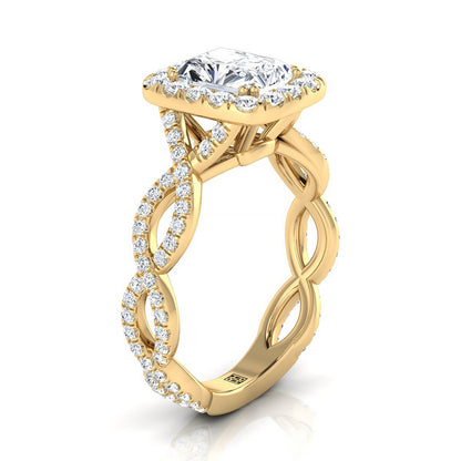 18K Yellow Gold Radiant Cut Center Diamond Ribbon Twist French Pave Halo Engagement Ring -3/4ctw